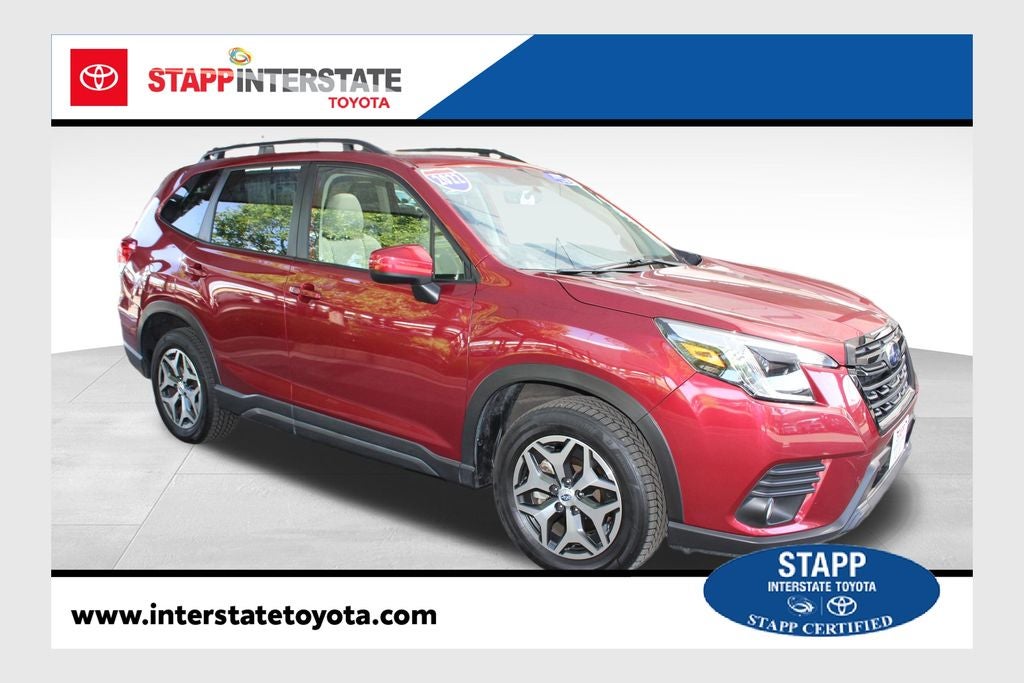 2022 Subaru Forester Premium in Crimson Red Pearl — front three-quarter view